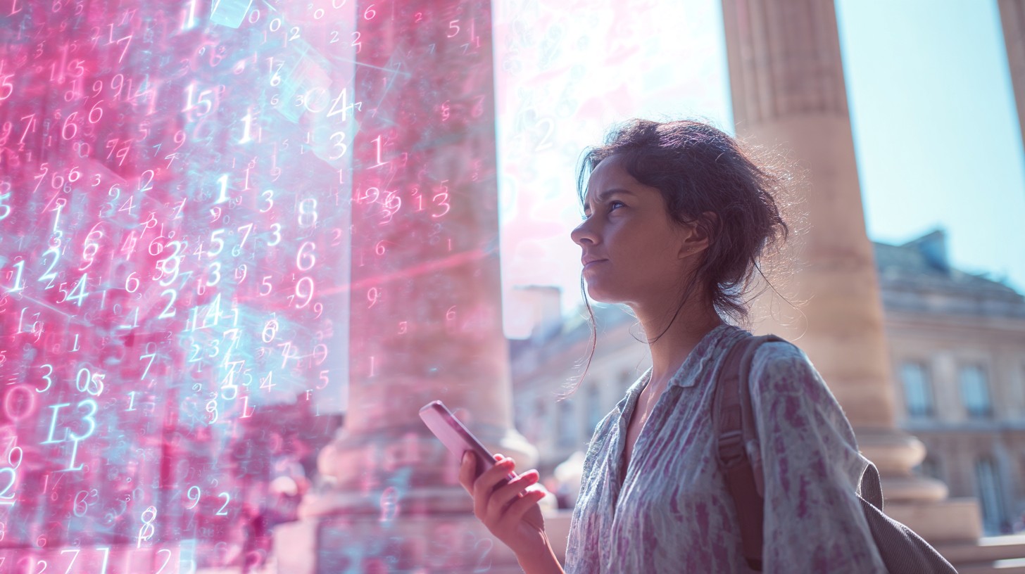Middle aged women with mobile phone in hand looking into the blue.